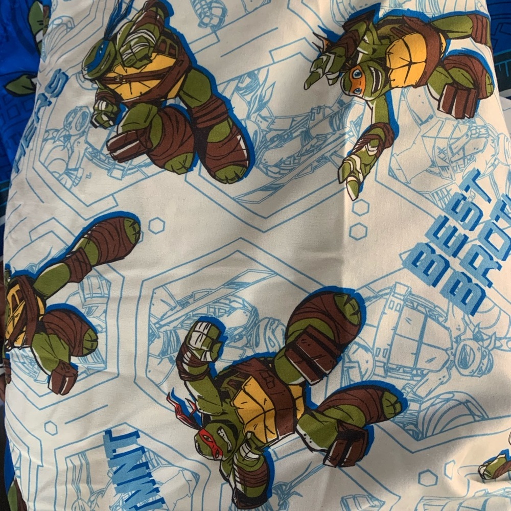 Twin size fitted sheet, flat sheet, and comforter